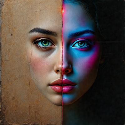 The primary subject of the image is a woman's face, which is depicted in two different colors. The setting is a painting, and the visual style is a digital art or illustration. The colors and mood of the image are vibrant and artistic, with the woman's face being painted in two distinct colors, one blue and one pink.